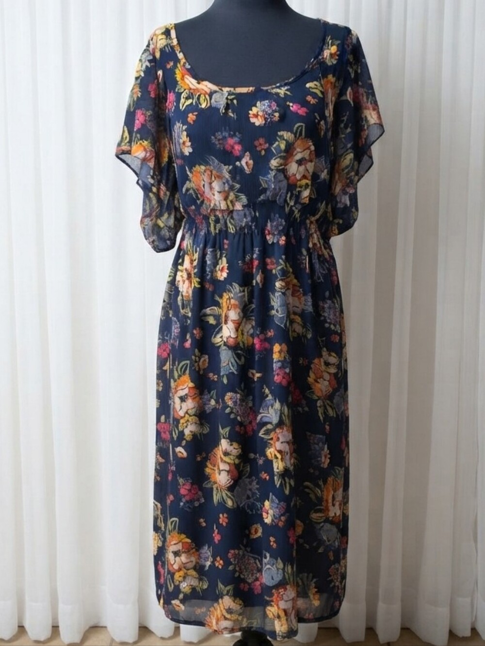 Pure Energy Navy Floral Midi Dress with Flutter Sleeves